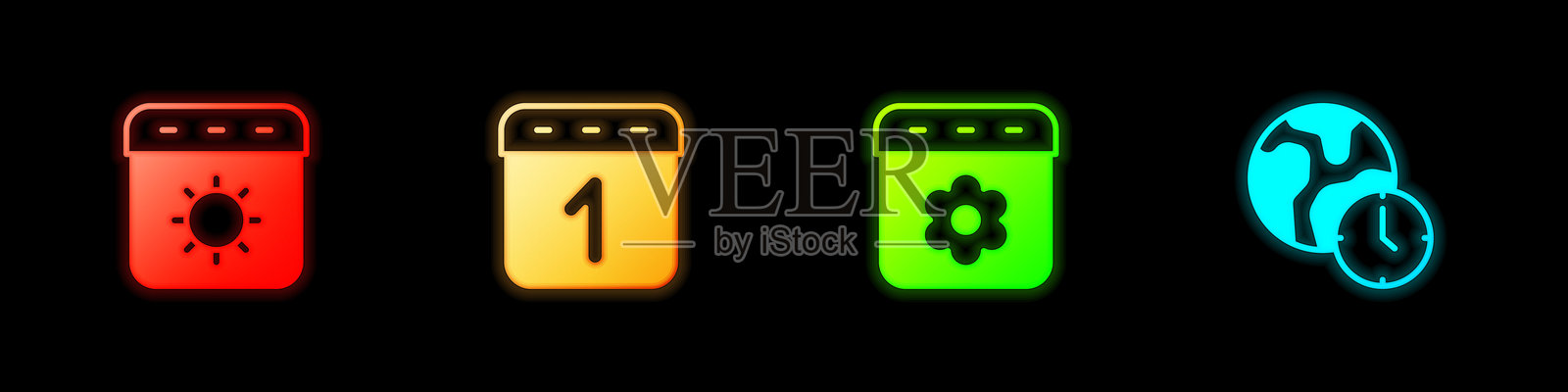 设置日历的夏季、春季和世界时间图标。矢量图。插画图片素材