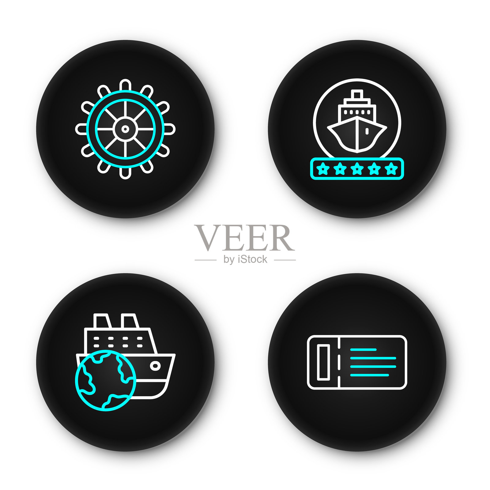 邮轮票、船只和船舵图标。矢量图。插画图片素材