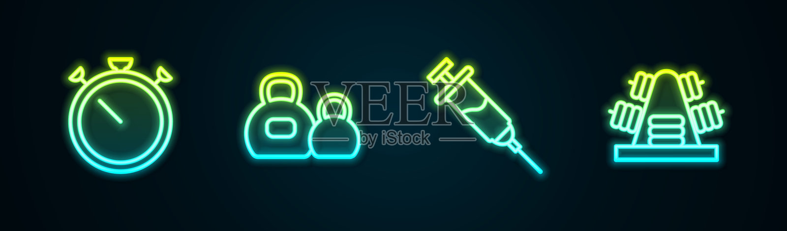 计时器、壶铃、兴奋剂注射器和带重物的金属架。发光霓虹图标。矢量图。插画图片素材