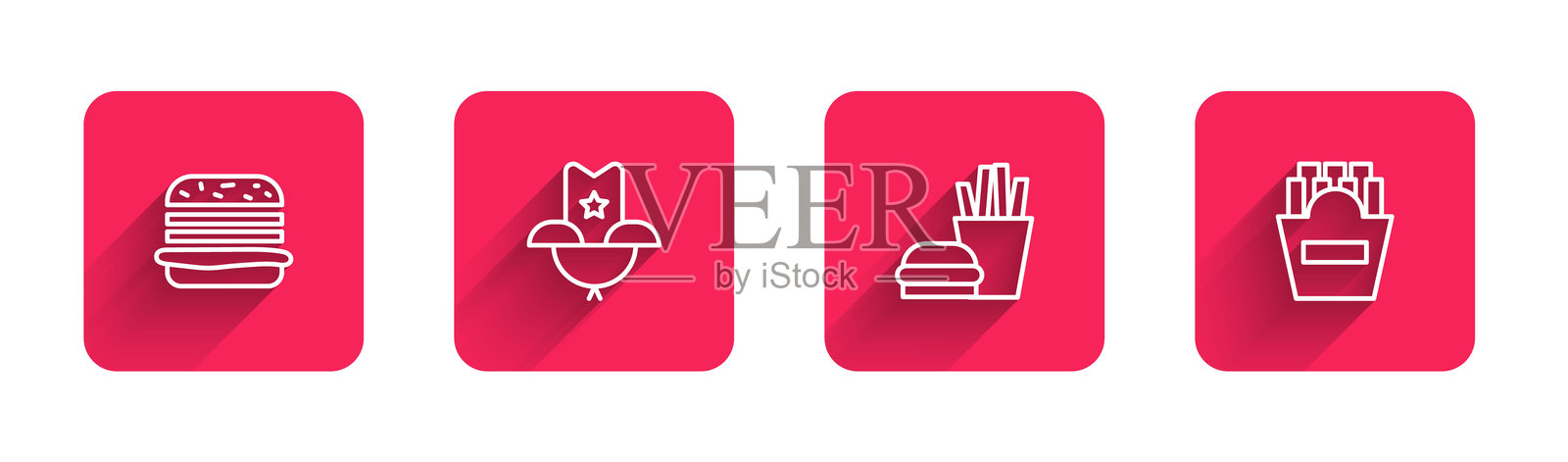 汉堡、牛仔帽、薯条和装在盒子里的土豆，带有长阴影。红色方形按钮。矢量图。插画图片素材