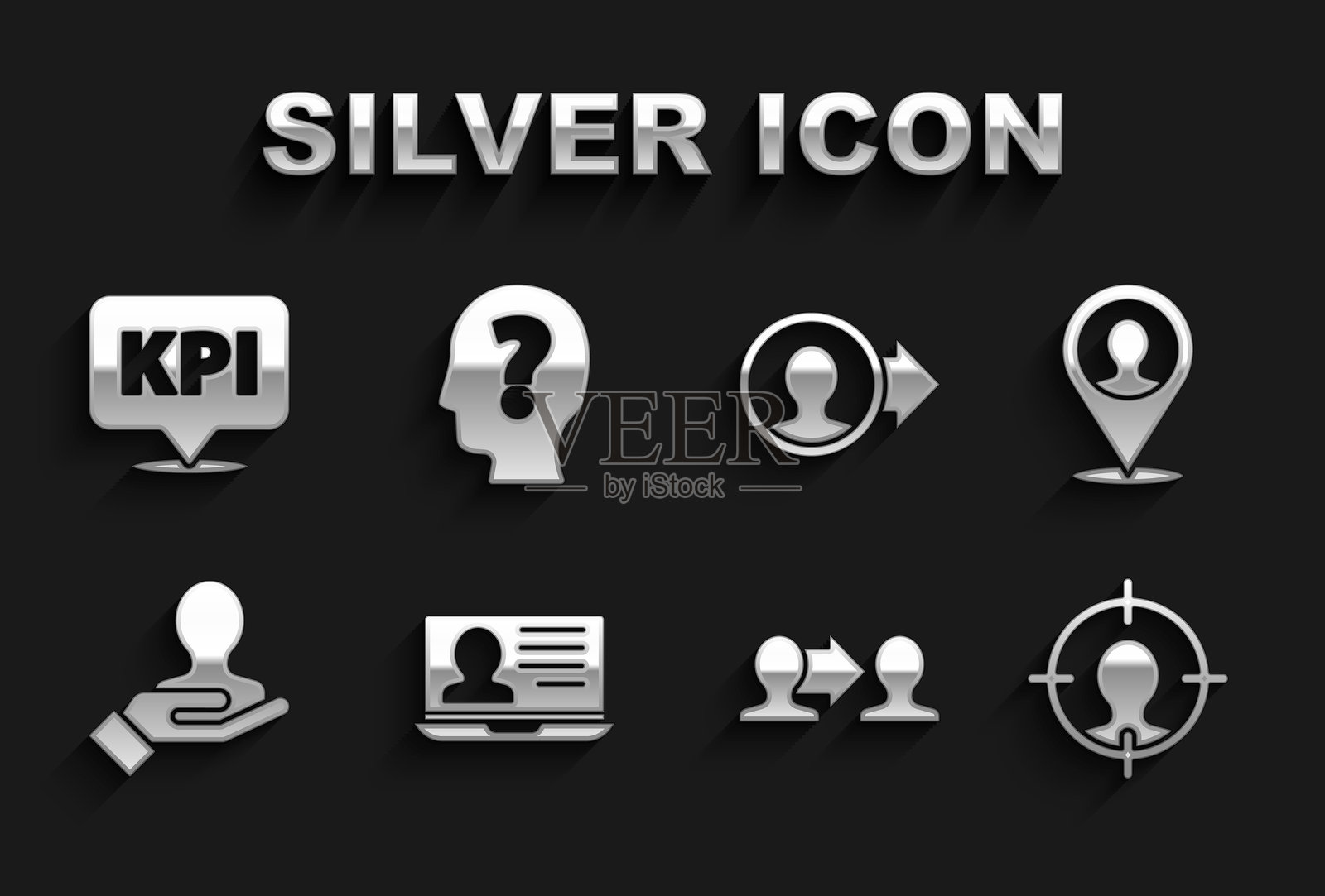 设置笔记本电脑与简历，地点人物，猎头，项目团队基础，手部搜索人员，创建账户界面，关键绩效指标和问号图标。矢量图。插画图片素材