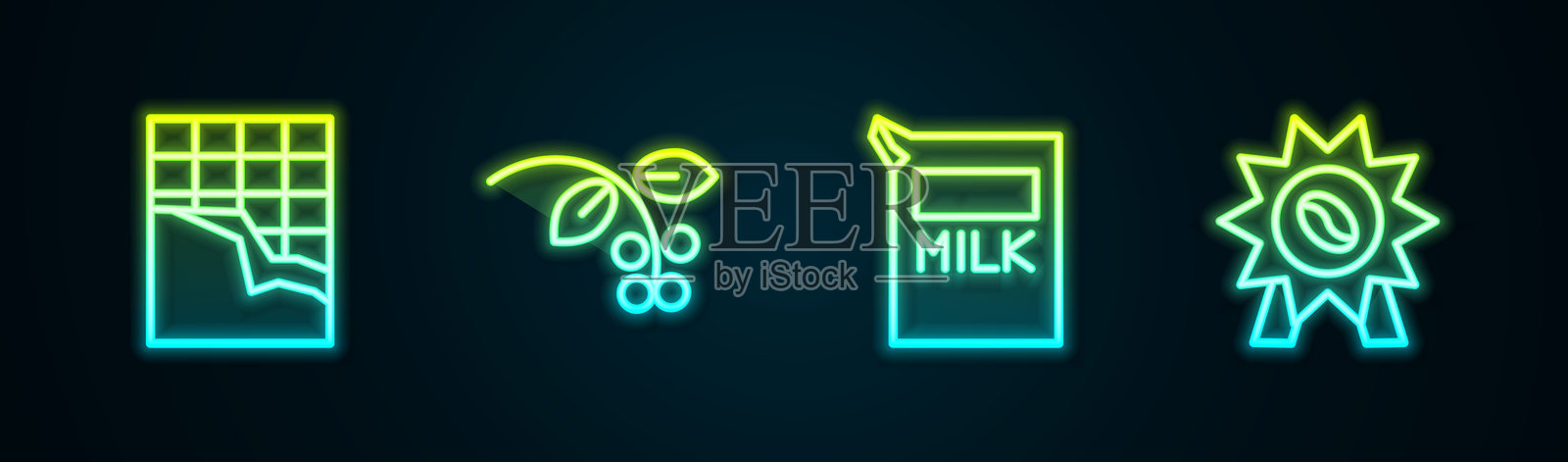 巧克力棒、咖啡豆、树枝、牛奶纸包装和奖牌咖啡的线条图标。发光的霓虹图标。矢量图。插画图片素材