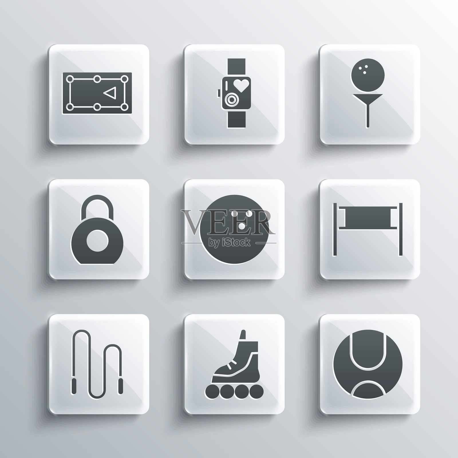 滑轮溜冰、网球、排球网、保龄球、跳绳、壶铃、台球桌和高尔夫球发球台图标。矢量图。插画图片素材