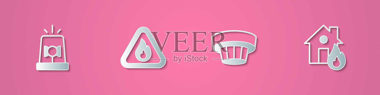 纸艺风格的纸剪闪光警报器、三角形火焰、烟雾报警系统和燃烧房屋图标。矢量图。插画图片素材