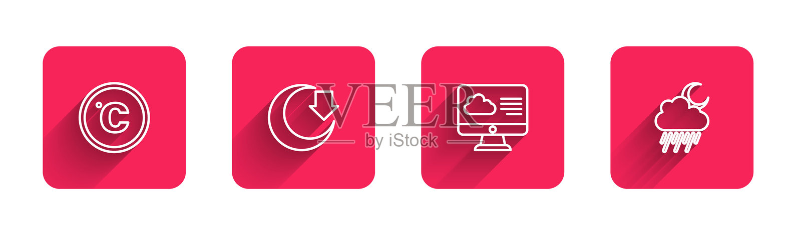 摄氏温度线、月亮、天气预报、带雨的云和长影子的月亮。红色方形按钮。矢量图。插画图片素材