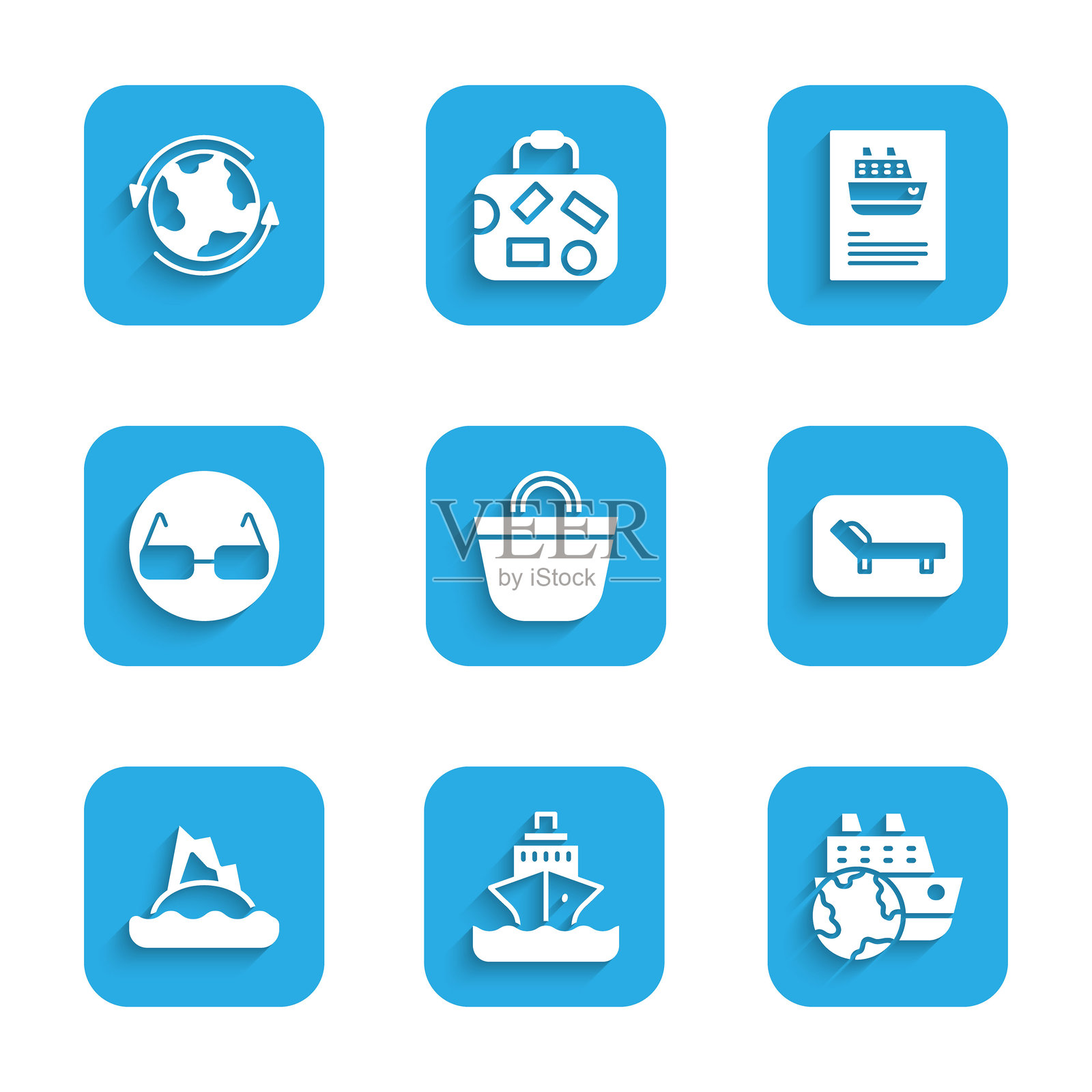 沙滩包、游轮、躺椅和伞、热带岛屿在海洋中、眼镜和全球图标。矢量图。插画图片素材