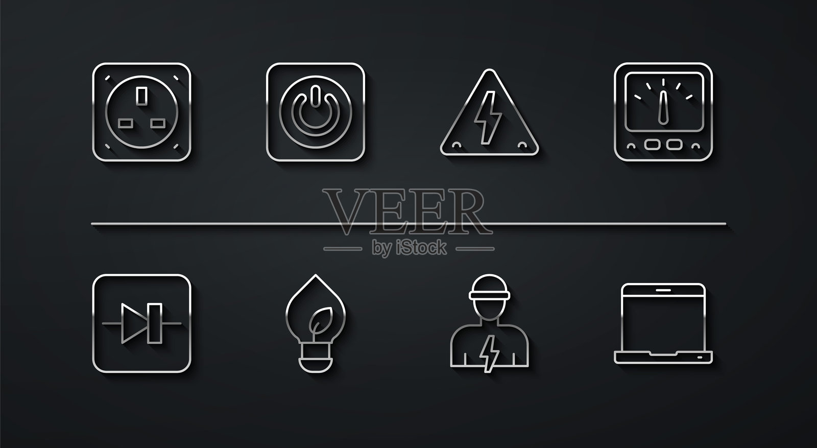 电气插座、电子电路中的二极管、电流表、多用表、电工、带叶子的灯泡、电源按钮、笔记本电脑和高压图标。矢量图。插画图片素材