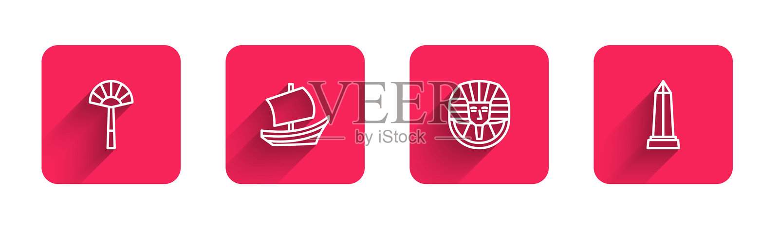 埃及风扇、船只、法老和亚历山大方尖碑的线条图，带有长阴影。红色方形按钮。矢量图。插画图片素材