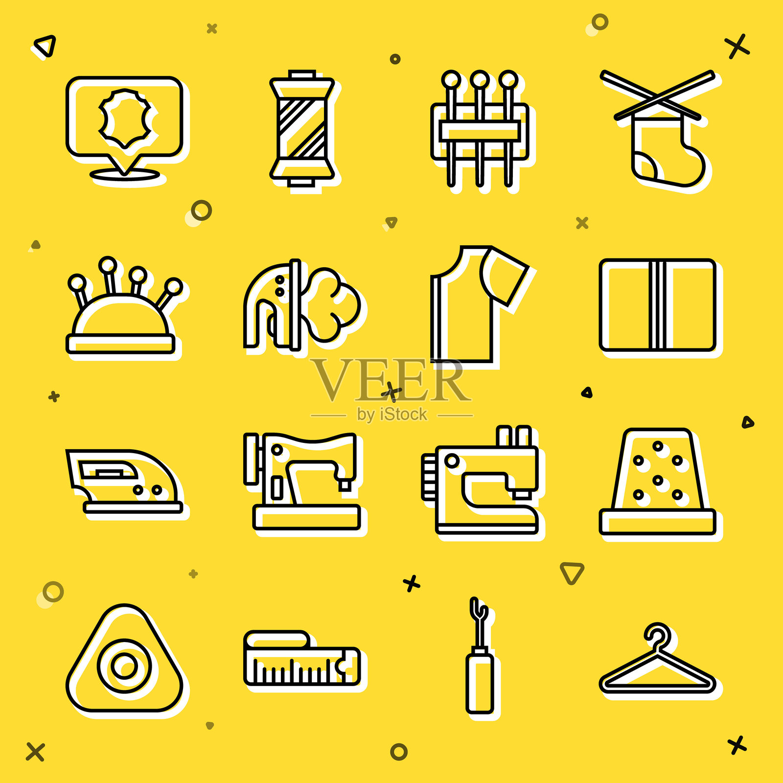 衣架、缝纫用顶针、纺织面料卷、针、熨斗、床和针、皮革和缝纫图案图标。矢量图。插画图片素材