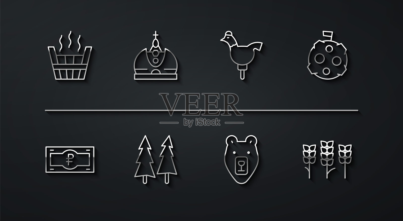 桑拿桶、俄罗斯卢布钞票、带旗帜的月亮、熊头、圣诞树、国王皇冠、小麦和公鸡棒棒糖图标。矢量图。插画图片素材