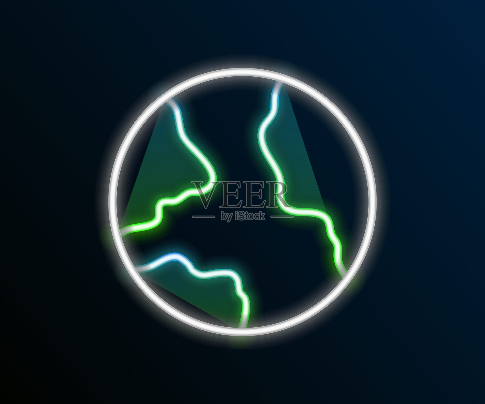 发光的霓虹线全球图标，黑色背景上的地球图钉。彩色轮廓概念。矢量图。插画图片素材