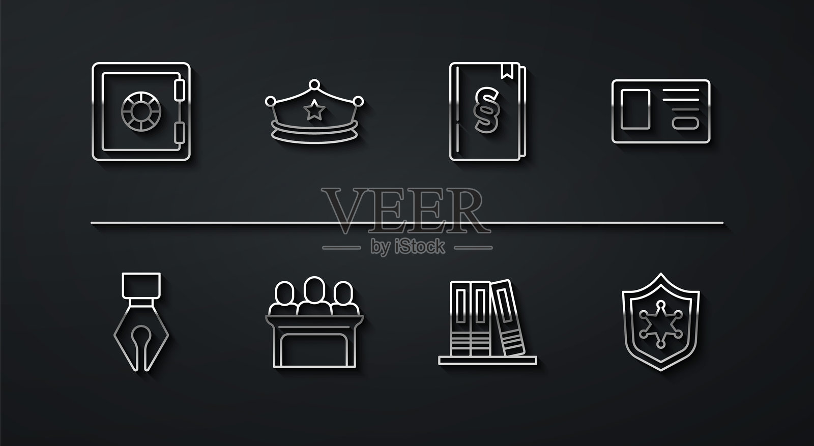 安全线，钢笔笔尖，身份证，办公文件夹，陪审员，带徽章的警帽，法律书籍图标。矢量图。插画图片素材