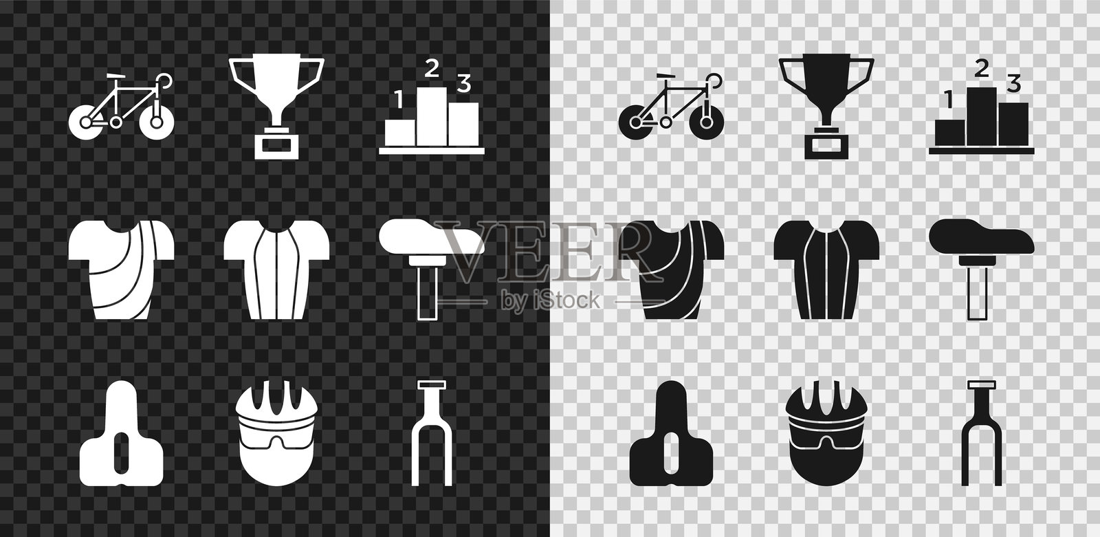 自行车、奖杯与自行车、运动获胜者领奖台、座椅、头盔、车叉、骑行T恤和图标。矢量图。插画图片素材
