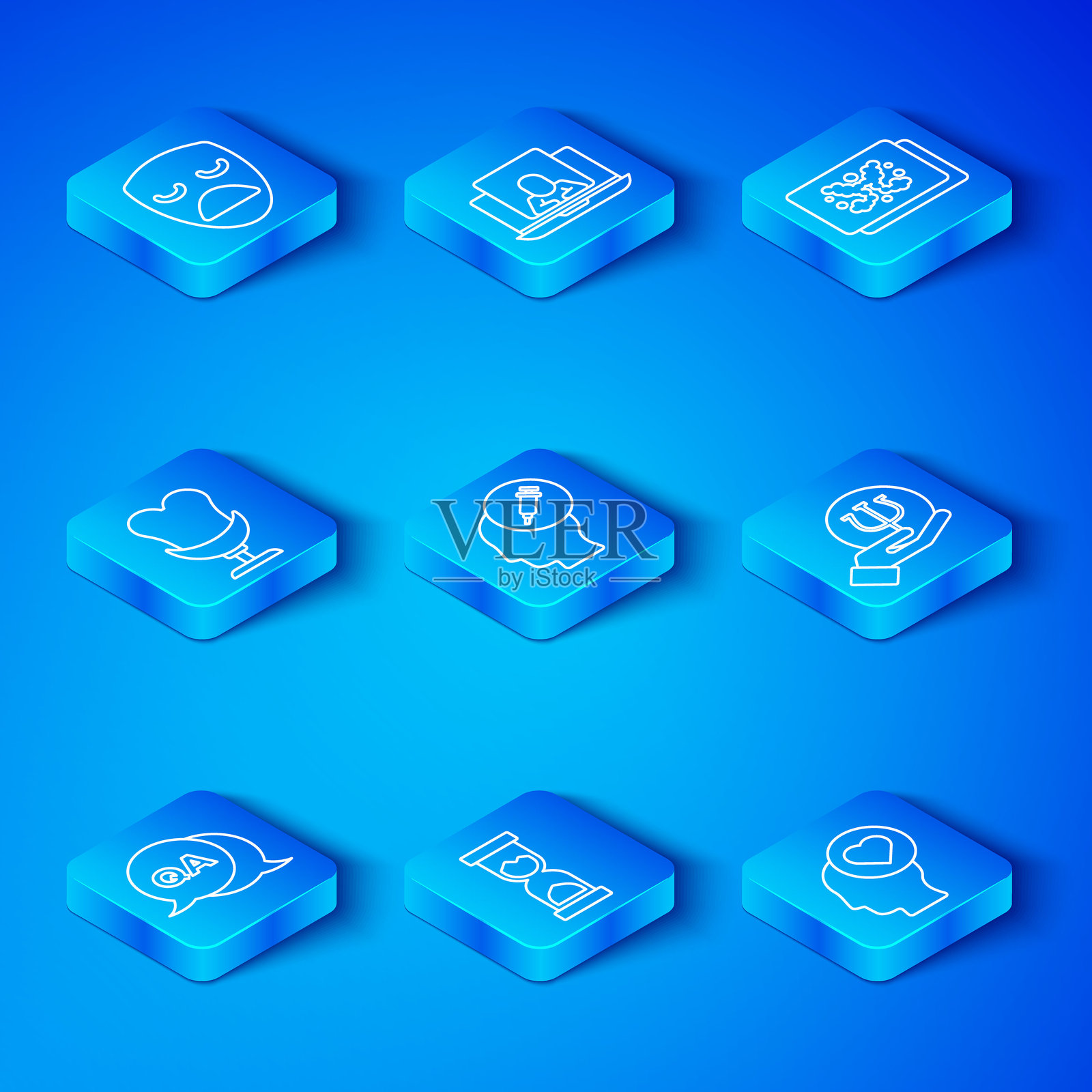 Set line Question and Answer, Addiction to the drug, Old hourglass, Psychology, Psi, Rorschach test, Armchair, Drama theatrical mask and Broken heart divorce icon. Vector插画图片素材