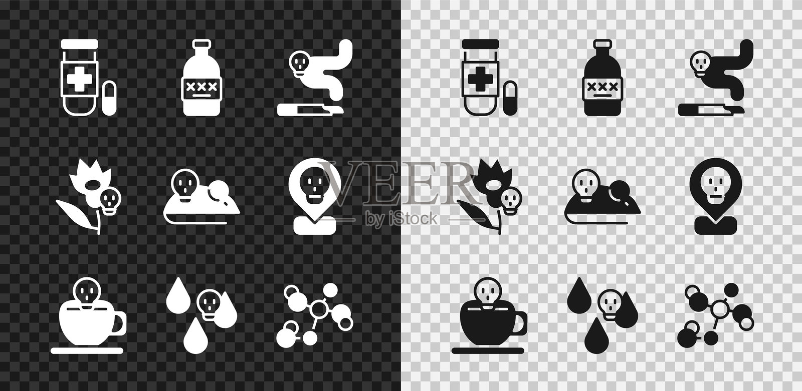 解毒剂、毒酒、香烟、带骷髅的咖啡杯、酸雨、化学公式、花朵和实验鼠图标。矢量图。插画图片素材