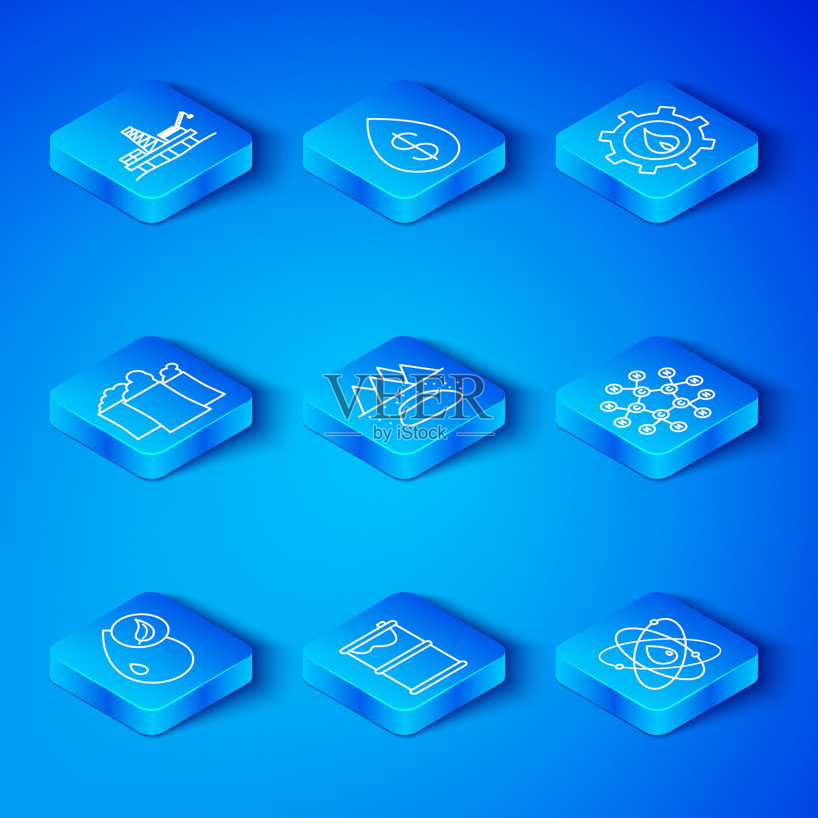 生物燃料、油田、油桶漏油、分子、工业厂房、海上平台和原子图标。矢量图插画图片素材