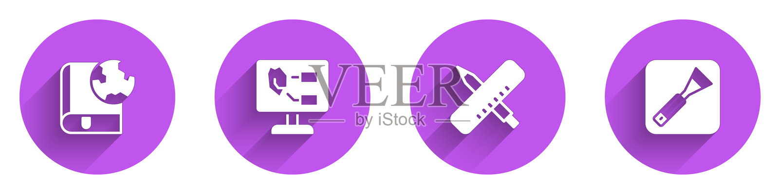 地球仪和书籍，土壤分析，交叉的尺子、铅笔和长阴影的画笔图标。矢量图。插画图片素材