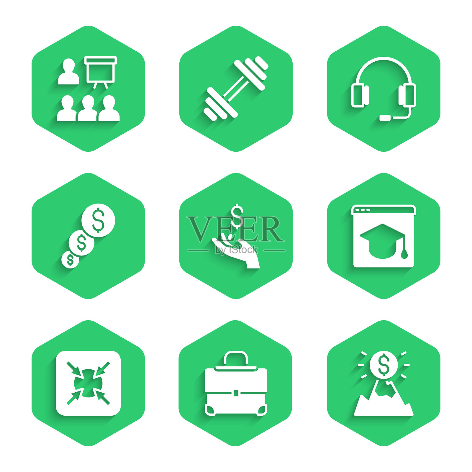 手握硬币的钱包，公文包，带旗帜的山脉，在线教育，目标，金融增长美元，耳机和培训，演示图标。矢量图。插画图片素材