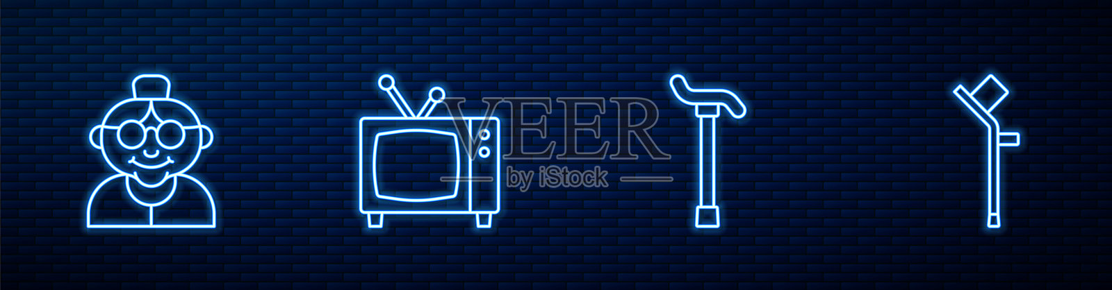 步行拐杖、祖母、复古电视和拐杖或双拐。砖墙上的发光霓虹图标。矢量图。插画图片素材