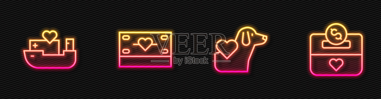 心形线条与狗，人道主义船，捐赠与慈善。发光霓虹图标。矢量图。插画图片素材