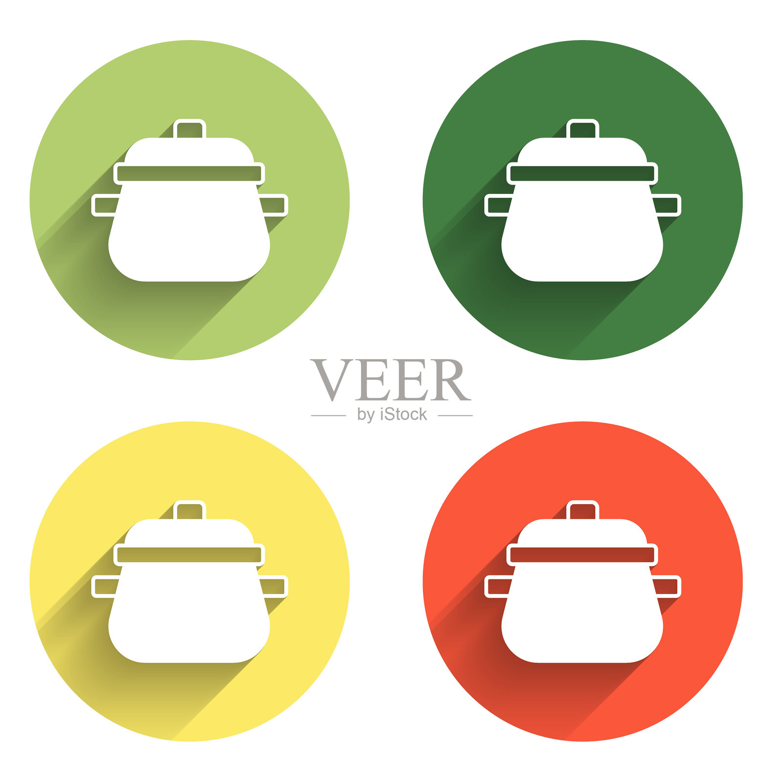 炊具图标，带有长阴影背景。煮或炖食物的符号。彩色圆形按钮。矢量图。插画图片素材