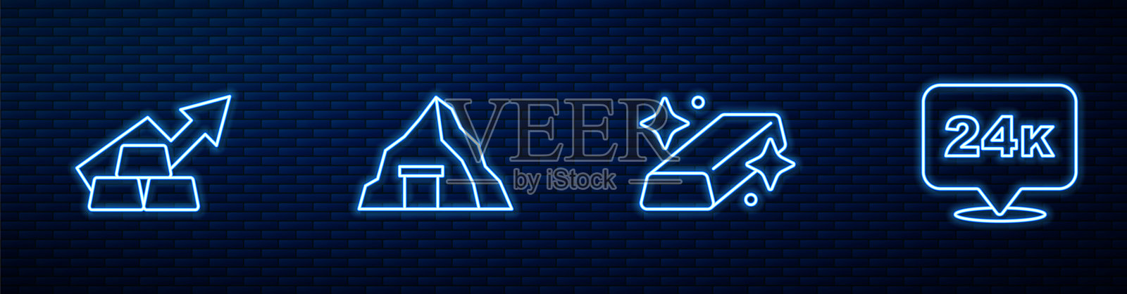 金条、增长箭头与黄金、矿山和24K。砖墙上的发光霓虹图标。矢量图。插画图片素材