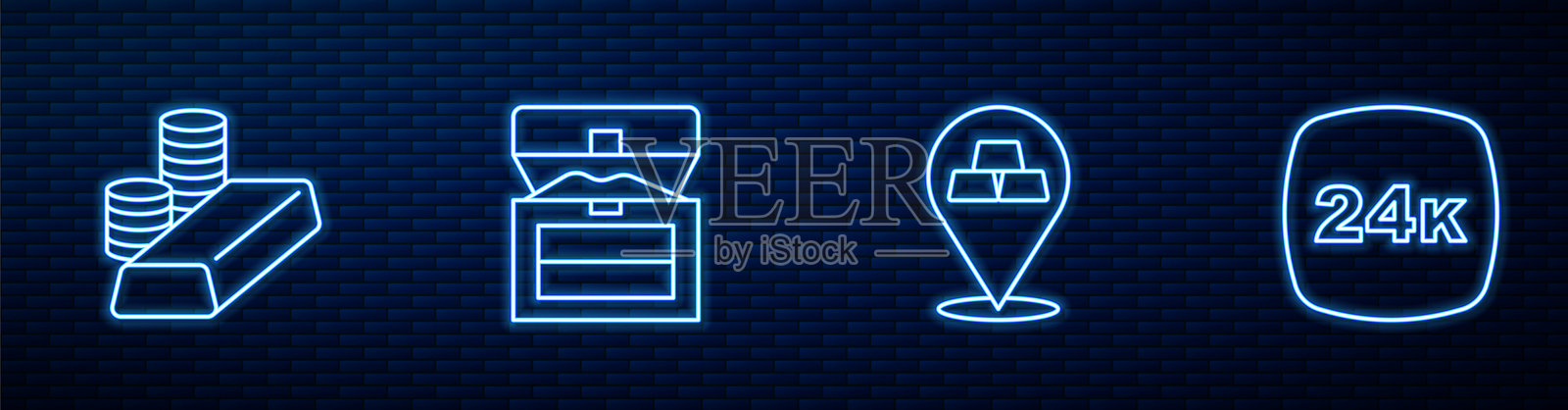 金条、金币、古董宝箱和24K。砖墙上的发光霓虹图标。矢量图。插画图片素材