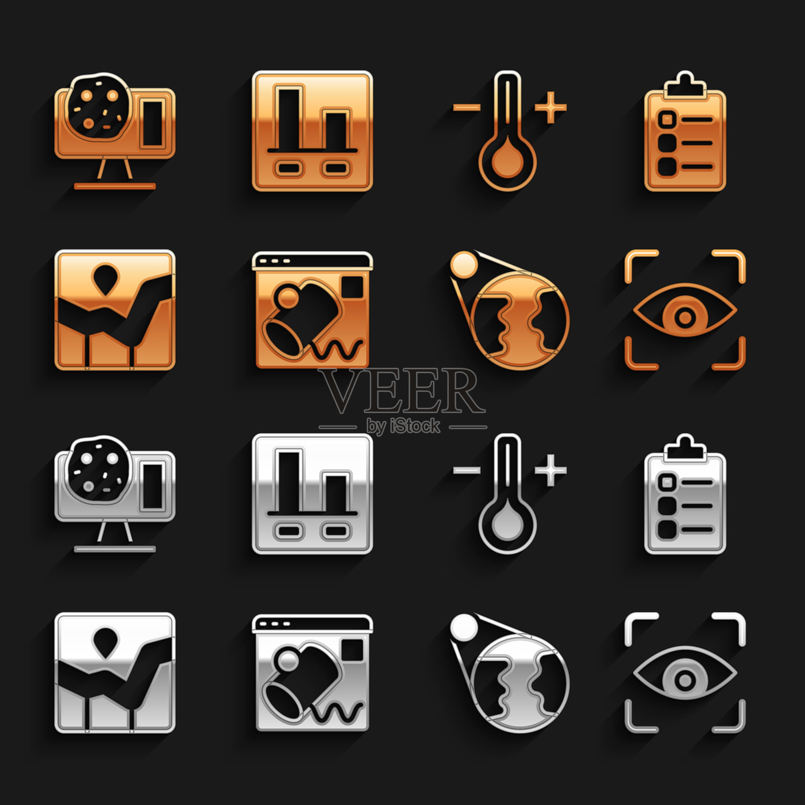 数据可视化、待办事项或计划、眼部扫描、地球仪、图表信息图、温度计、基因工程和图标。矢量图插画图片素材