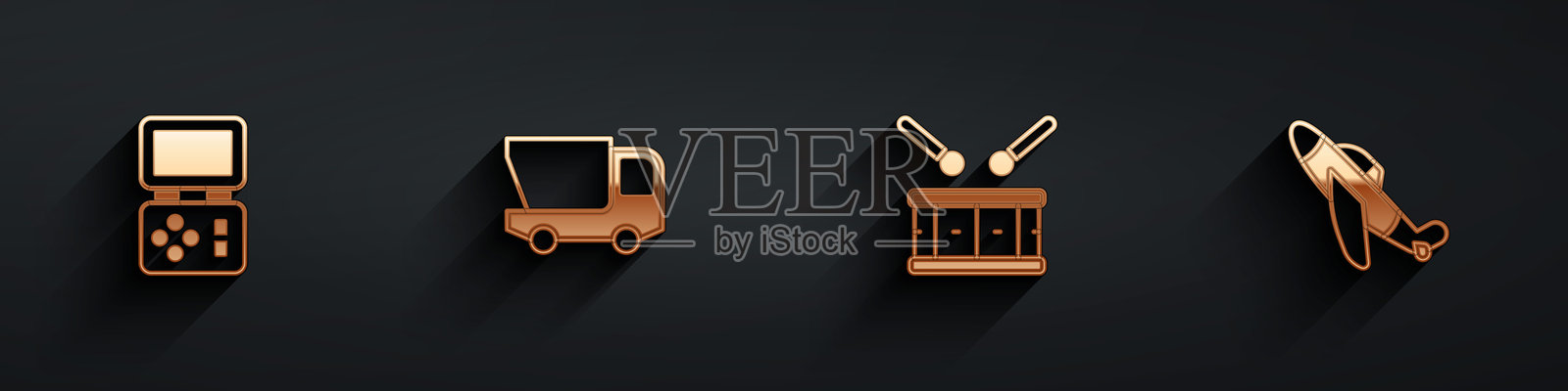 电子游戏俄罗斯方块、玩具卡车、鼓和鼓棒以及带长阴影的飞机图标。矢量图。插画图片素材