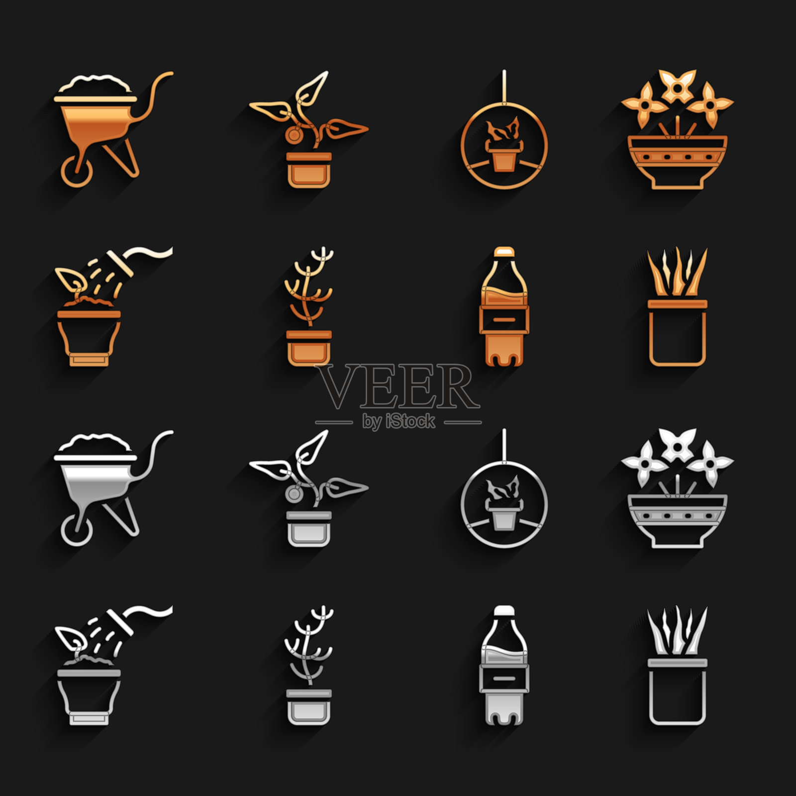 异国情调的热带植物盆栽，花瓶，植物，水瓶，喷雾，悬挂，装有泥土的手推车和图标。矢量图。插画图片素材