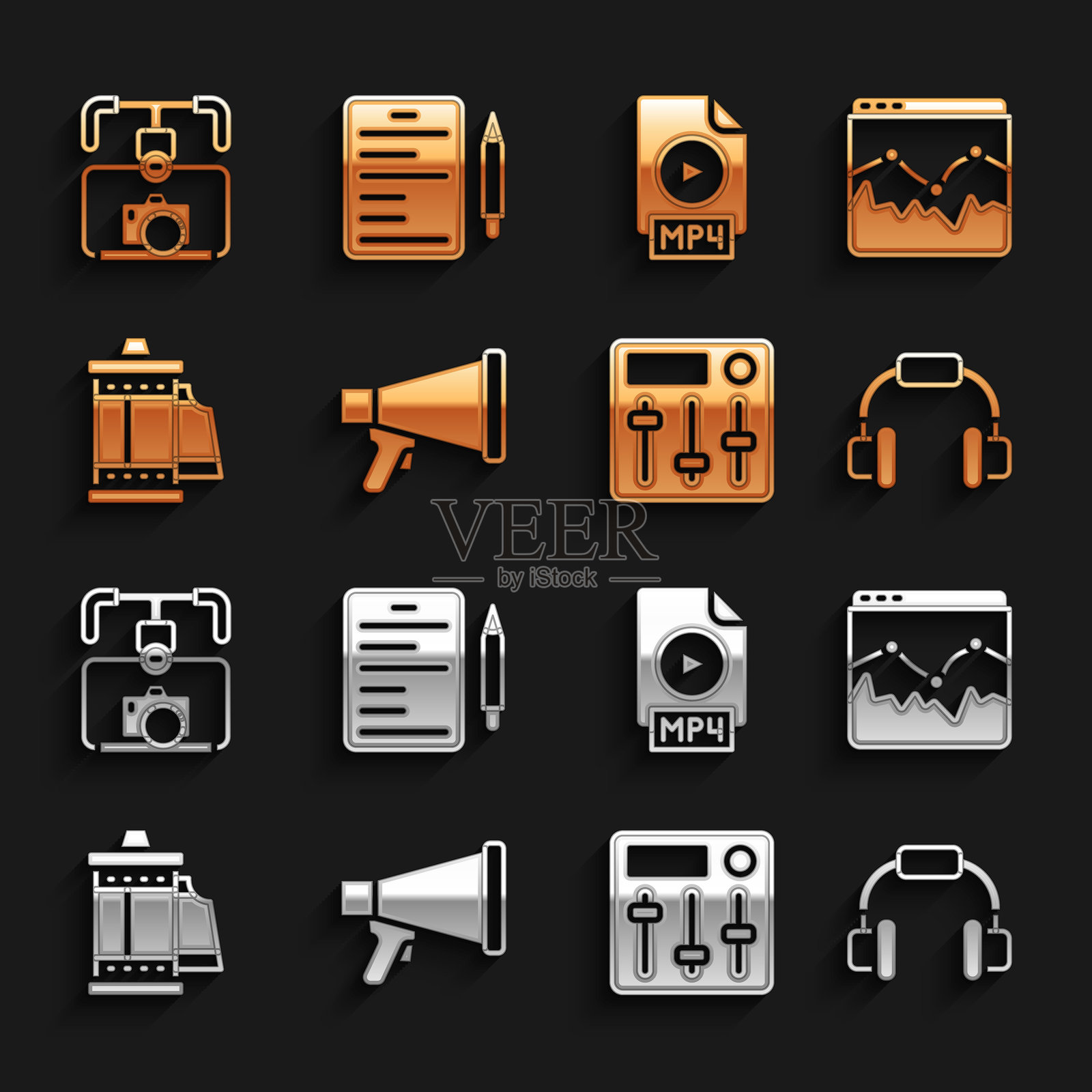 麦克风、音乐波形均衡器、耳机、声音混音控制器、相机卡带、MP4文件文档、带相机的云台稳定器和场景图标。矢量图。插画图片素材