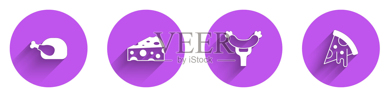 叉子上的烤火鸡或鸡肉、奶酪、香肠和带长阴影的披萨切片图标。插画图片素材