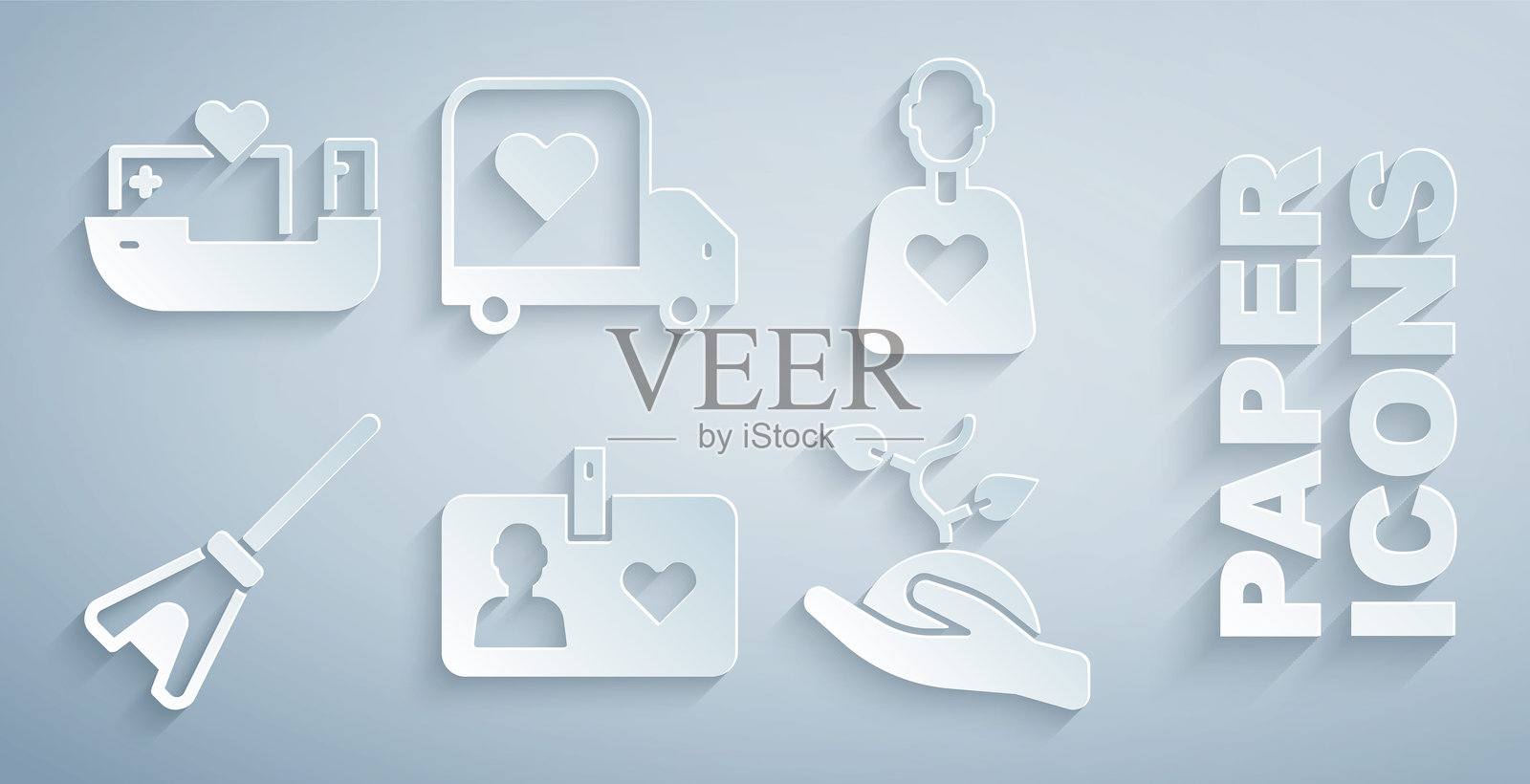 志愿者身份证或徽章、拖把、团队植树、带心形的送货卡车和人道主义船图标。矢量图。插画图片素材