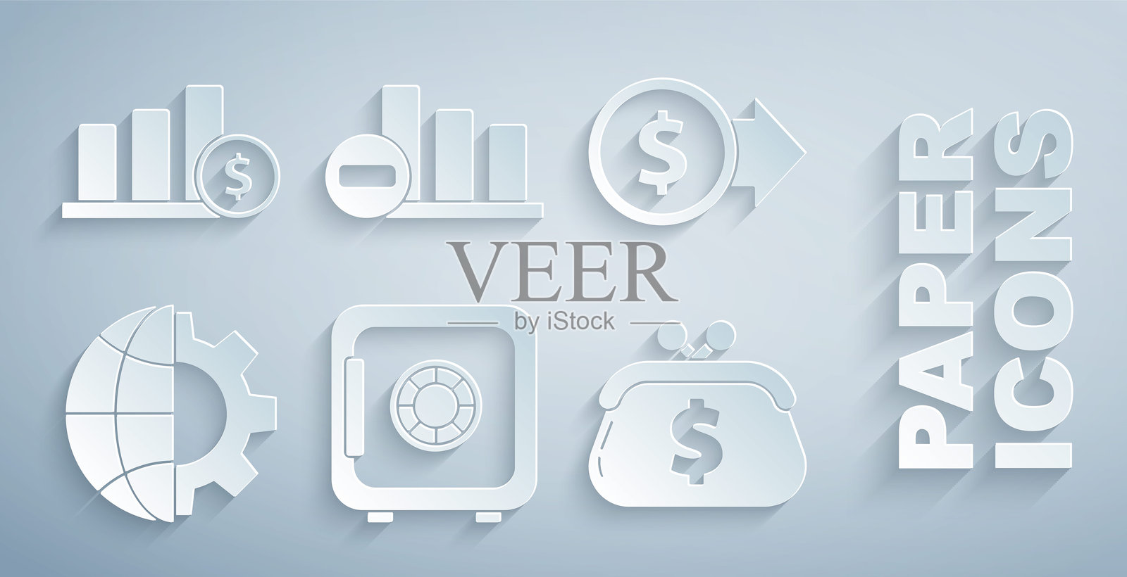 安全保险箱，美元硬币，地球仪和齿轮，钱包，饼图信息图和图标。矢量图插画图片素材