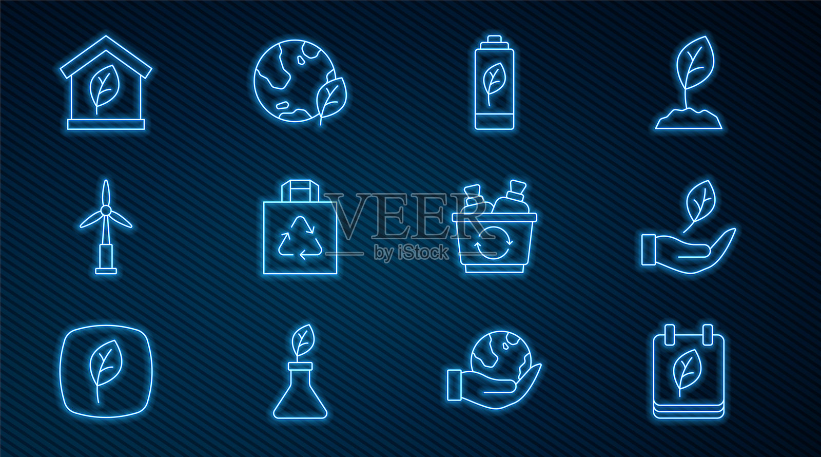 秋季落叶日历，手中握着的叶子，生态自然叶子电池，购物袋回收，风力涡轮机，友好的房子，回收和地球图标。矢量图。插画图片素材