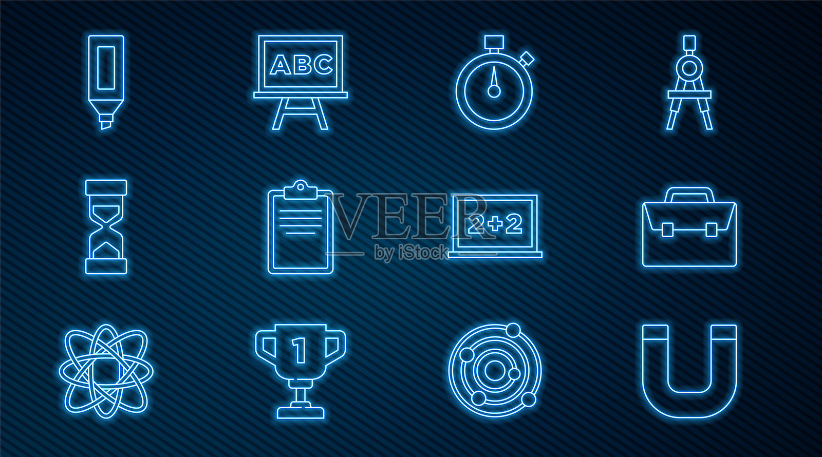 线条磁铁、公文包、秒表、带检查清单的剪贴板、古老的沙漏、记号笔、黑板和图标。矢量图插画图片素材