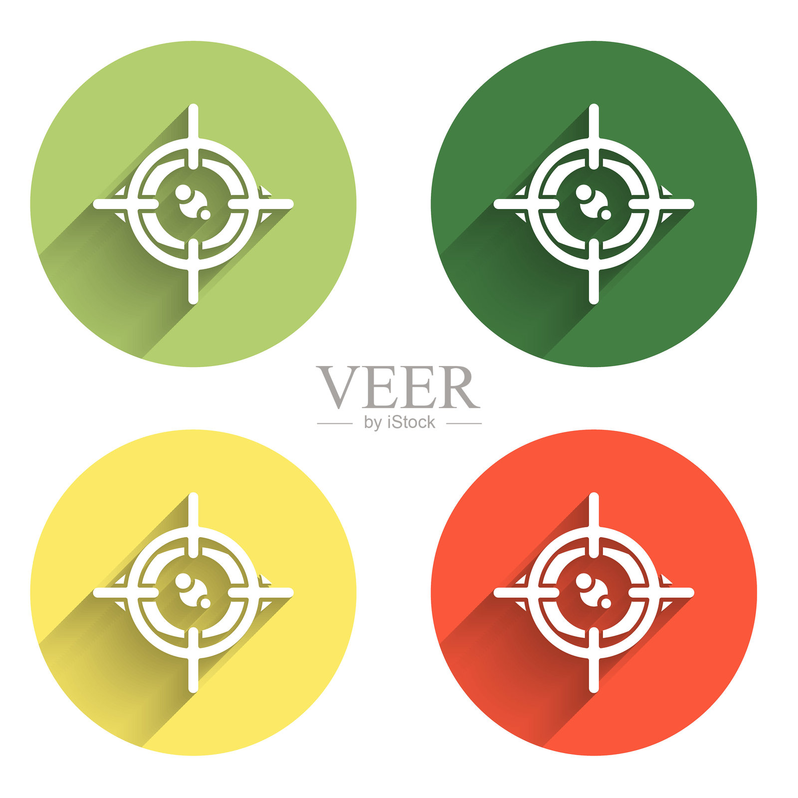 设置眼睛扫描图标，带有长阴影背景。扫描眼睛。安全检查符号。网络眼睛标志。彩色圆形按钮。矢量图。插画图片素材
