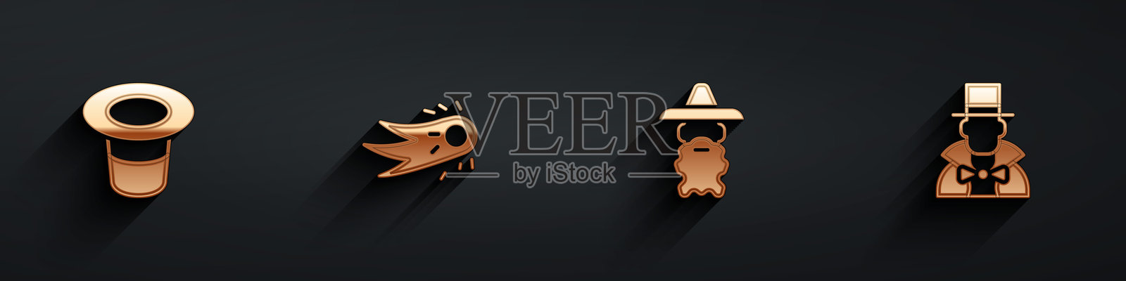 魔法帽、火球、巫师、术士和魔术师图标，带有长阴影。矢量图。插画图片素材