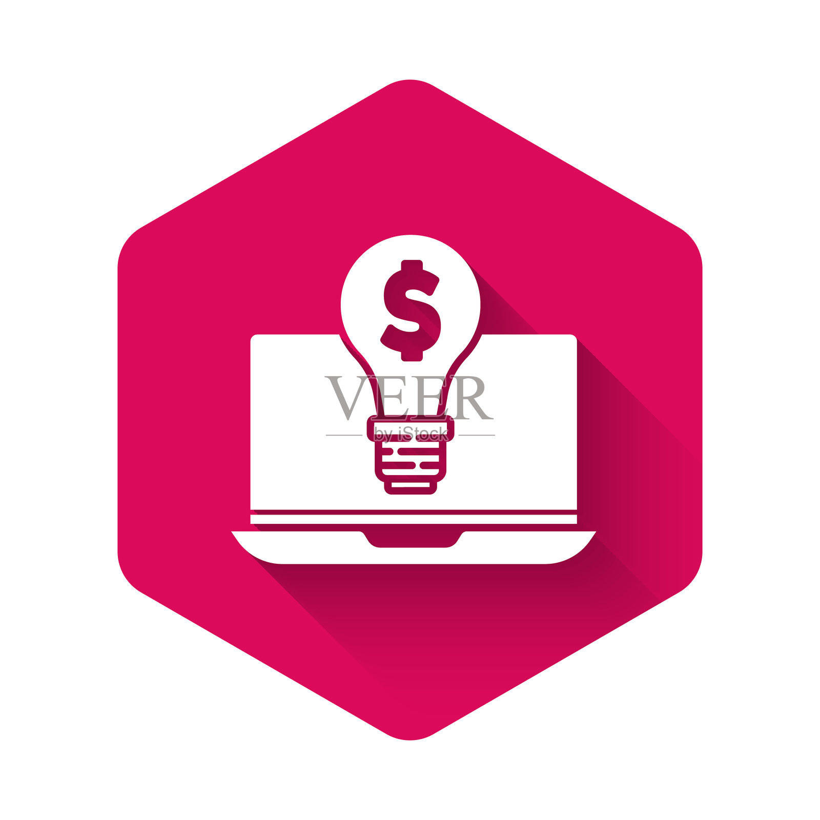 白色商业灯泡与笔记本电脑屏幕上的美元图标，带有长阴影。用户触摸屏幕。粉色六边形按钮。矢量图。插画图片素材
