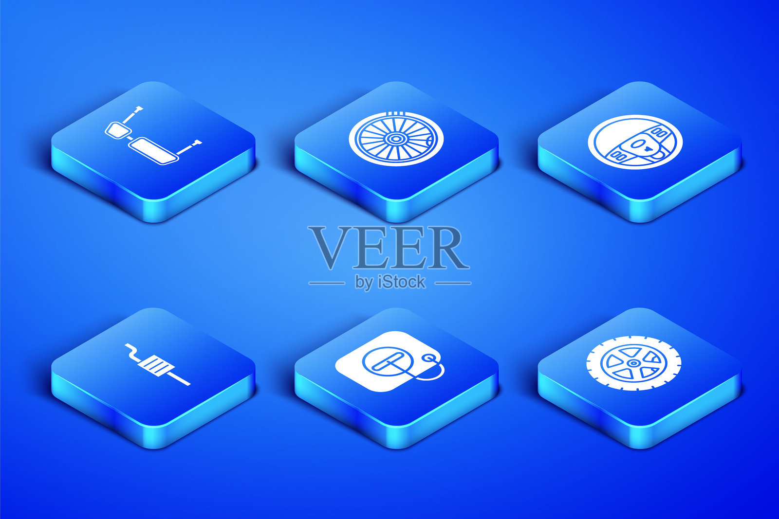 汽车轮胎、卡车侧镜、加油站油箱盖、消声器和方向盘图标。矢量图。插画图片素材