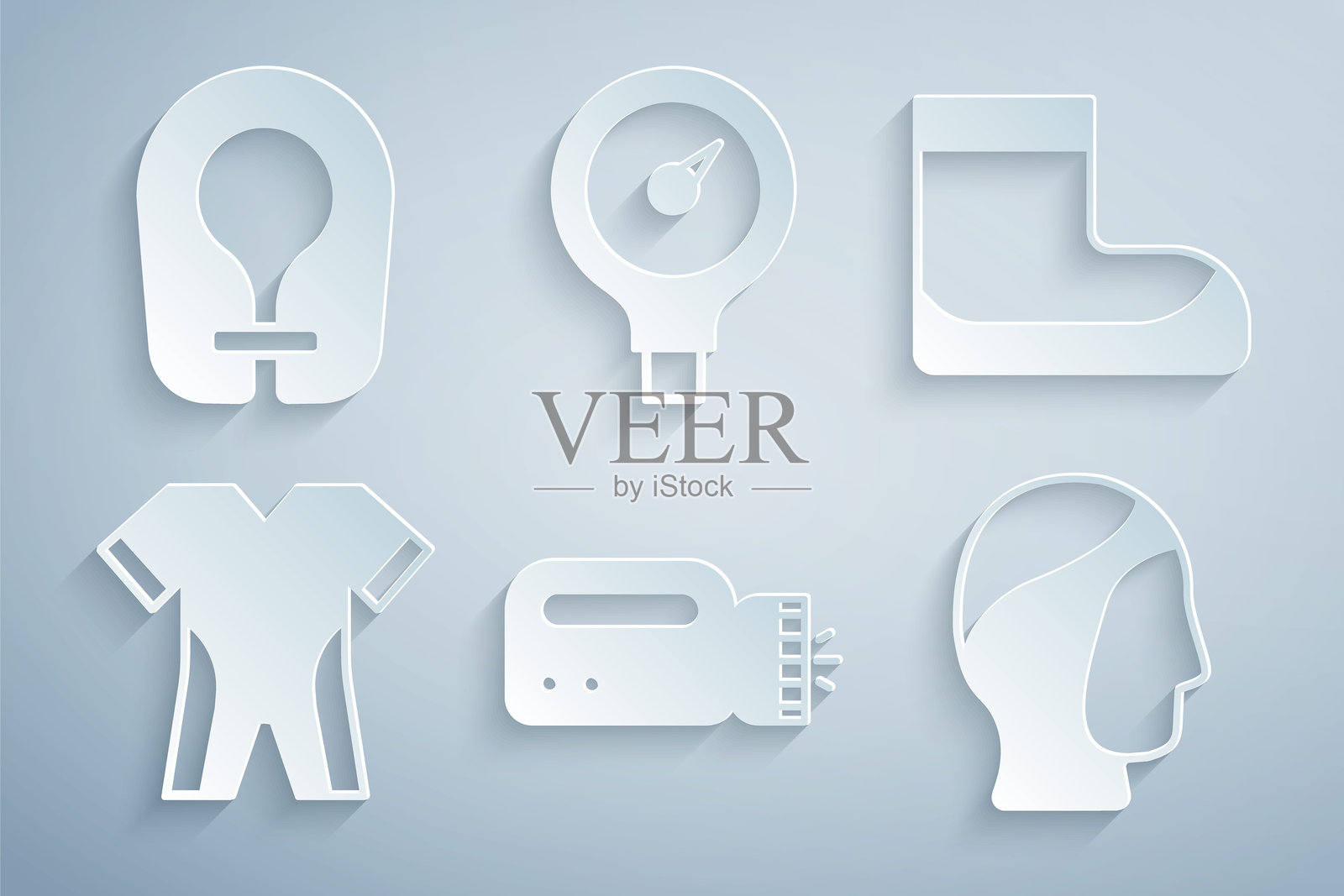 潜水员用手电筒、靴子、潜水 wetsuit、潜水头罩、仪表刻度和救生衣图标。矢量图。插画图片素材