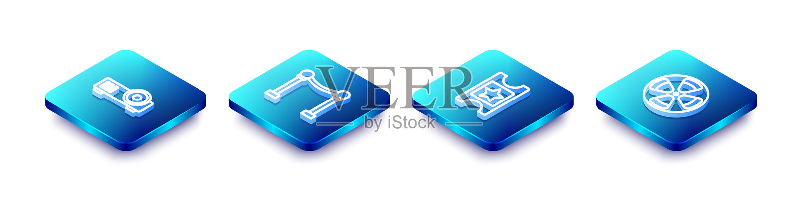 等距线条媒体投影仪、绳索障碍、电影票和胶卷图标。矢量图。插画图片素材