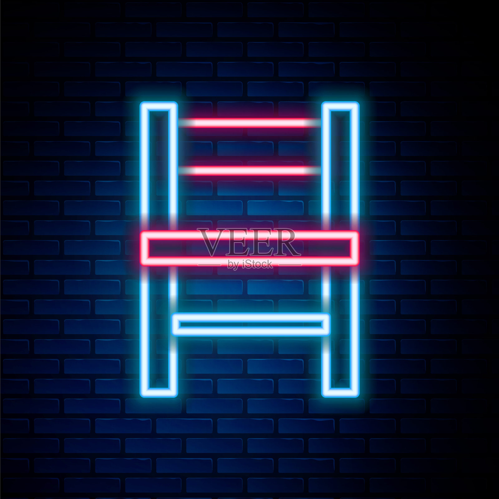 发光的霓虹线椅子图标，背景为砖墙。多彩轮廓概念。矢量图。插画图片素材