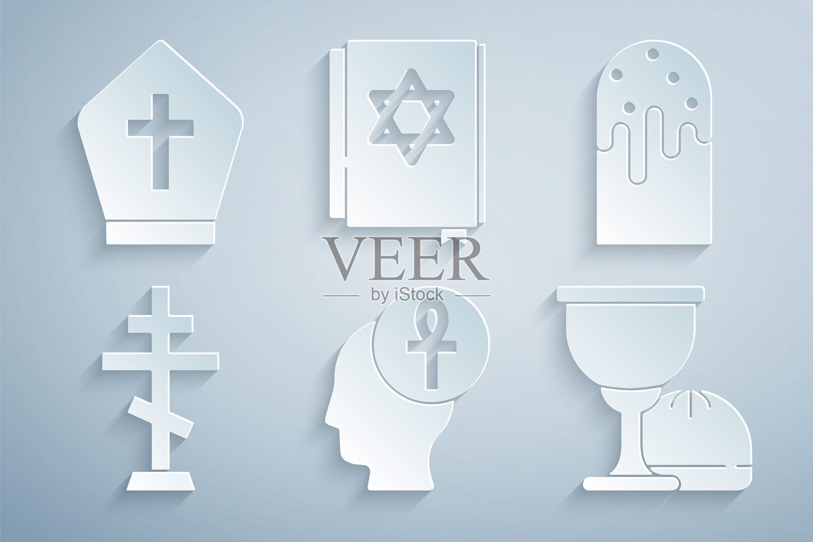 交叉的安克十字架、复活节蛋糕、基督教十字架、圣杯或圣盃、犹太教托拉书籍和教皇帽图标。矢量图。插画图片素材