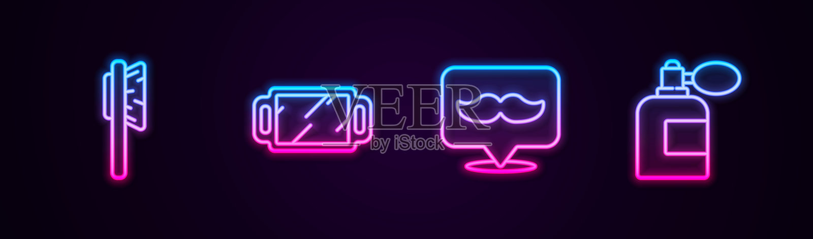 发刷、手镜、理发店和带喷雾器的须后水。发光霓虹图标。矢量图。插画图片素材