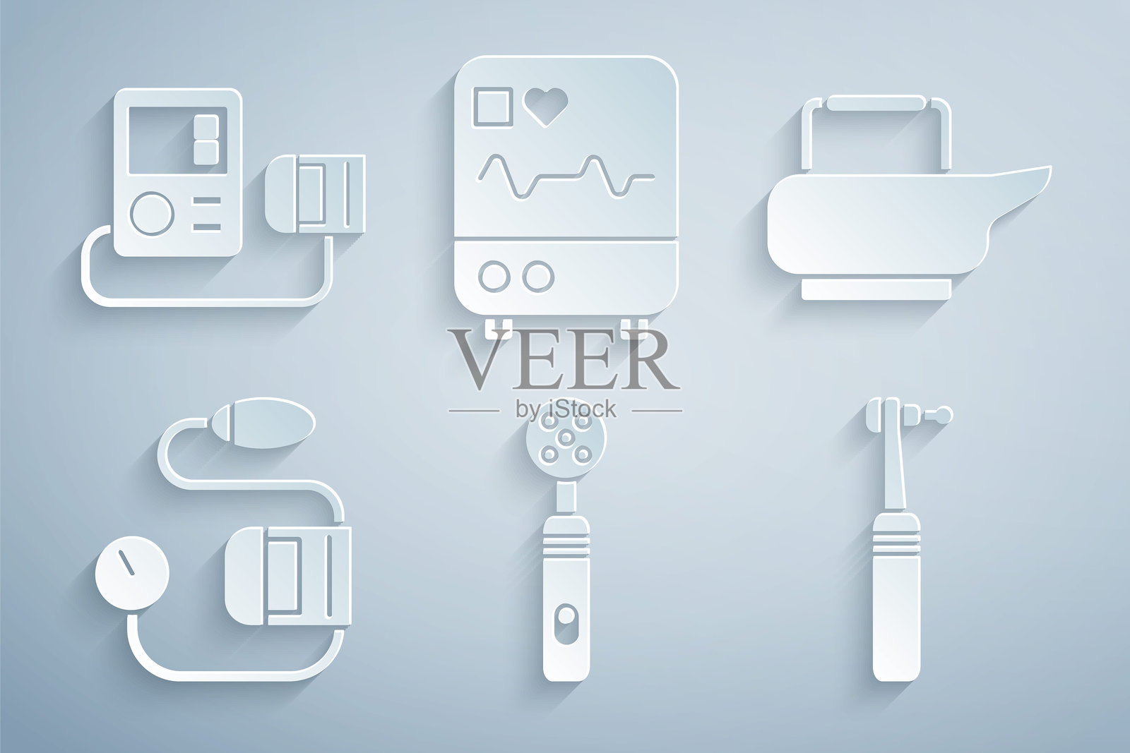 电动牙刷、便盆、血压计、牙钻、带心电图和图标的监测器。矢量图。插画图片素材