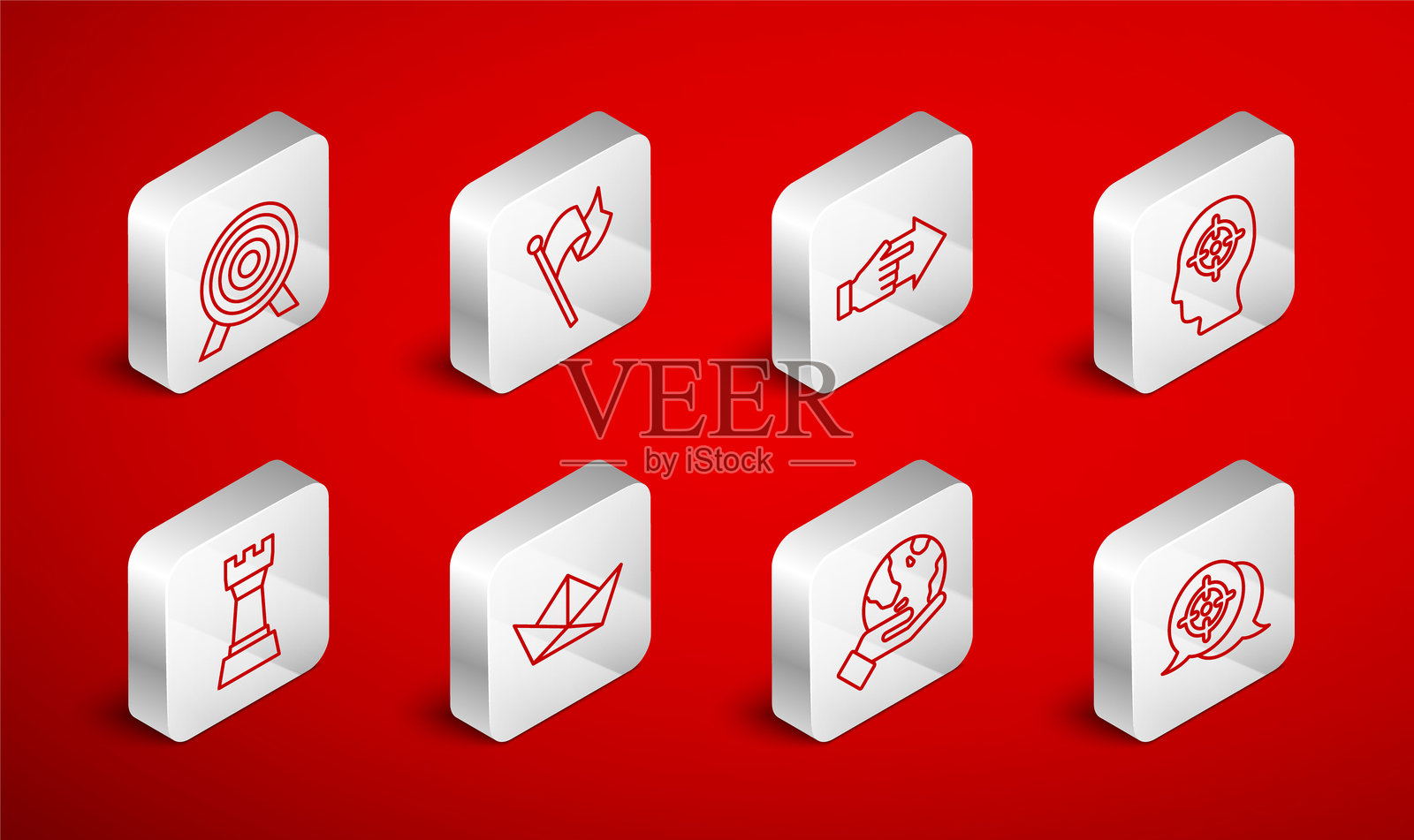 设置线条目标、旗帜、指向手、猎头、握着地球仪、折纸船和国际象棋图标。矢量图。插画图片素材