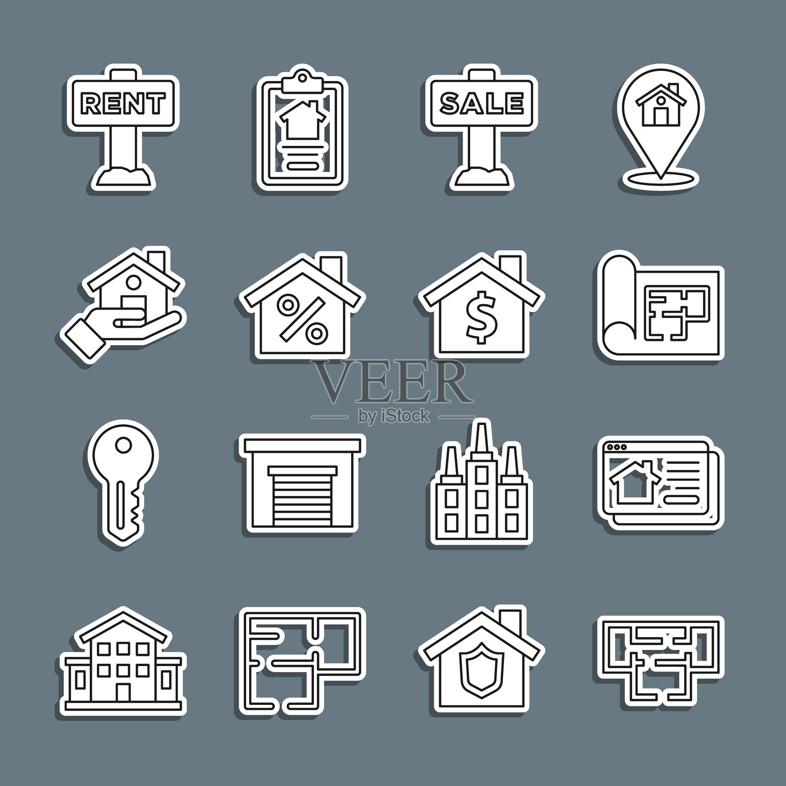 房屋平面图，在线房地产房屋，带有“出售”字样的悬挂标志，折扣百分比，房地产经纪人，租赁和美元符号图标。矢量图。插画图片素材