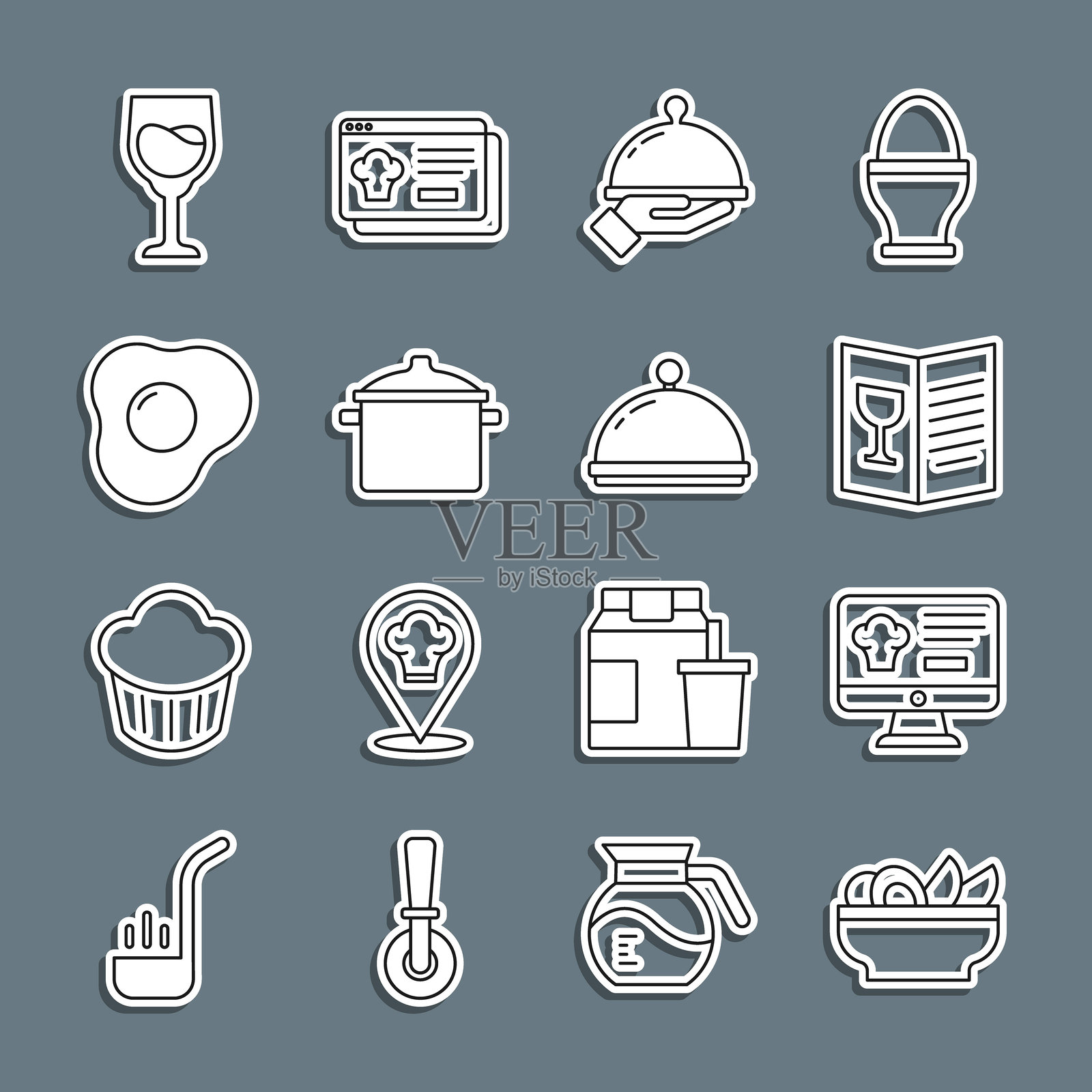 盘子里的玉米片，在线订购和配送，餐厅咖啡菜单，覆盖着食物托盘，烹饪锅，炒鸡蛋，酒杯和图标。矢量图。插画图片素材