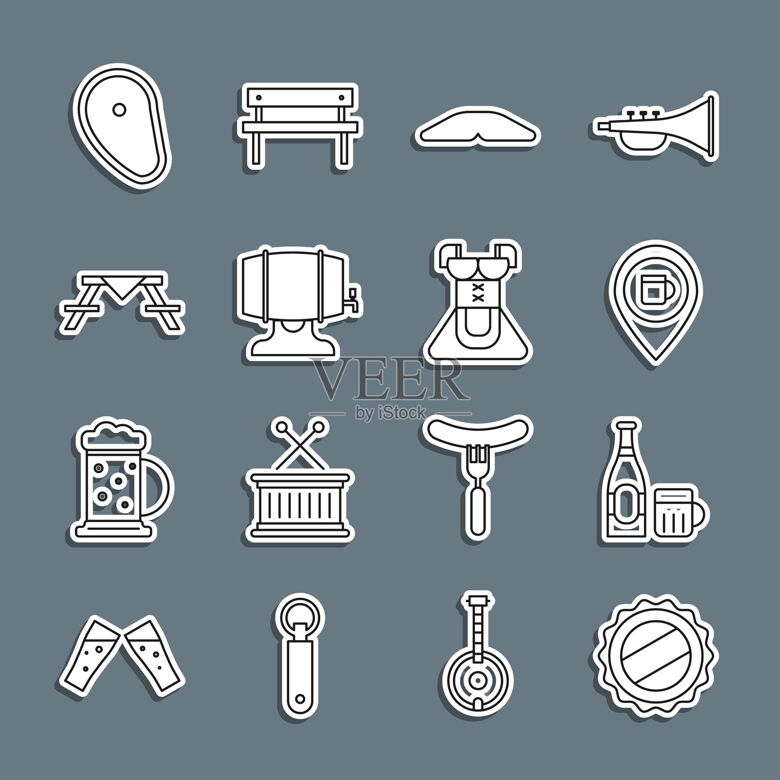 瓶盖、啤酒瓶和酒杯、酒吧或啤酒吧位置、自制派、木桶架、带长椅的野餐桌、牛排和女性传统服装图标。矢量图。插画图片素材